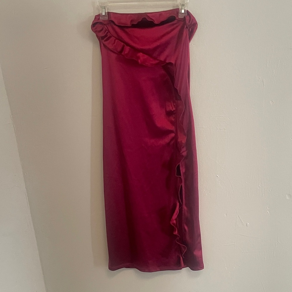 Lucy in the Sky Strapless Burgundy Dress with Ruffle Detail